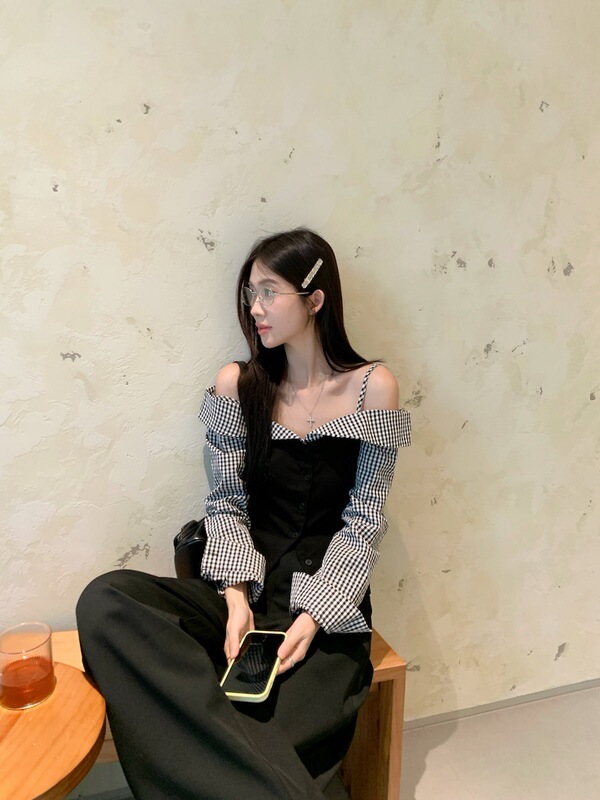 气质温柔风假两件设计格子拼接T恤女早秋新款甜辣妹修身百搭上衣|undefined