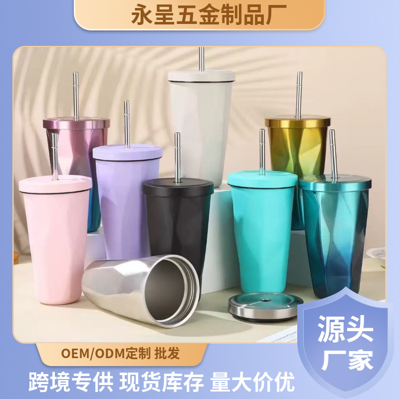 跨境新款不规则菱形保温杯304不锈钢吸管咖啡杯情侣轻奢高颜值车