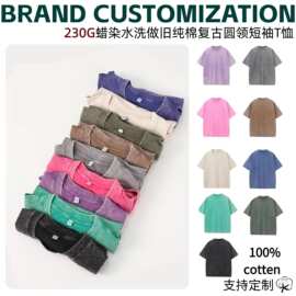 跨境230G纯棉复古做旧水洗t恤 oversize宽松欧码T恤圆领短袖男