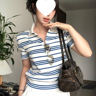 Cross-Border Korean Sweet Girl Striped Ribbon Design Polo Collar Short-Sleeved T-Shirt for Women Summer Preppy Style Slimming Look