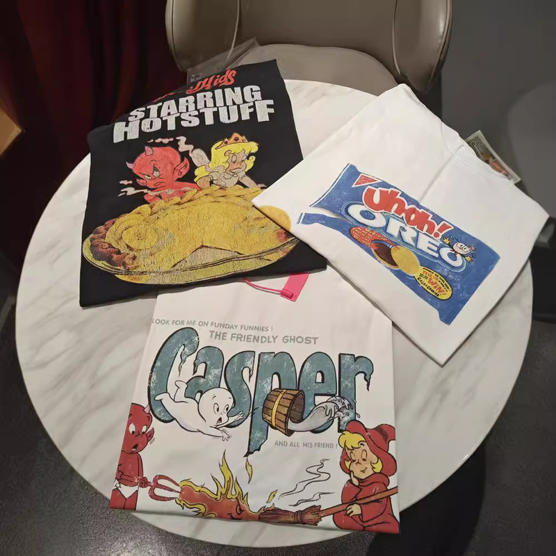 Purey Casper Cute Cartoon High Street vintage Washed Vintage Antique VTG Short Sleeve T-Shirt Men and Women Ins