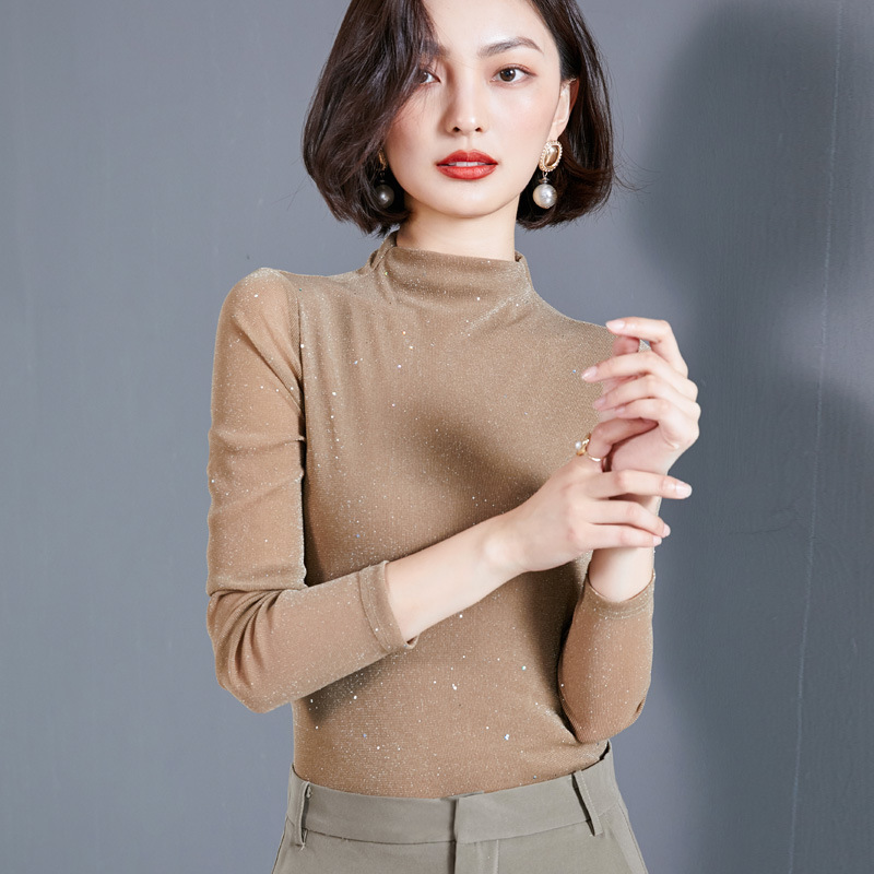 秋款欧货时尚洋气网纱打底衫女长袖薄款纱衣亮丝小衫修身显瘦上衣|undefined