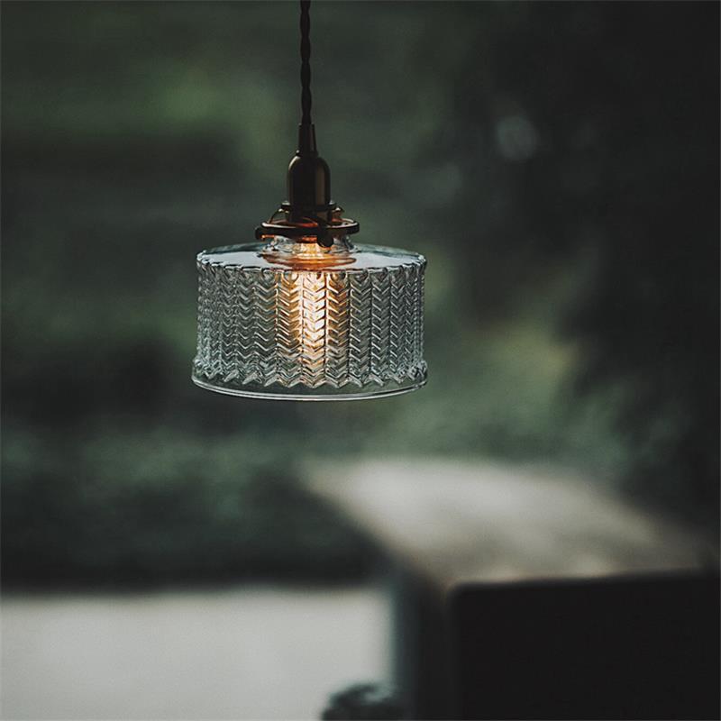 日式波纹玻璃单头小吊灯复古黄铜极简卧室床头吧台酒吧餐厅吊线灯