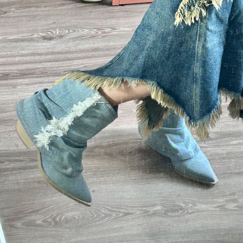 Nischen-Retro-Western-Cowboystiefel für Damen, neue Mode, Fransenkante, spitzer Flor, kurze Röhre_voghion.com