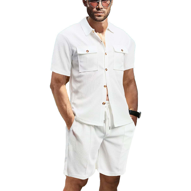 Herren Waffelstoff Set Kurzarm Hemd Und Shorts Für Den Sommer_voghion.com