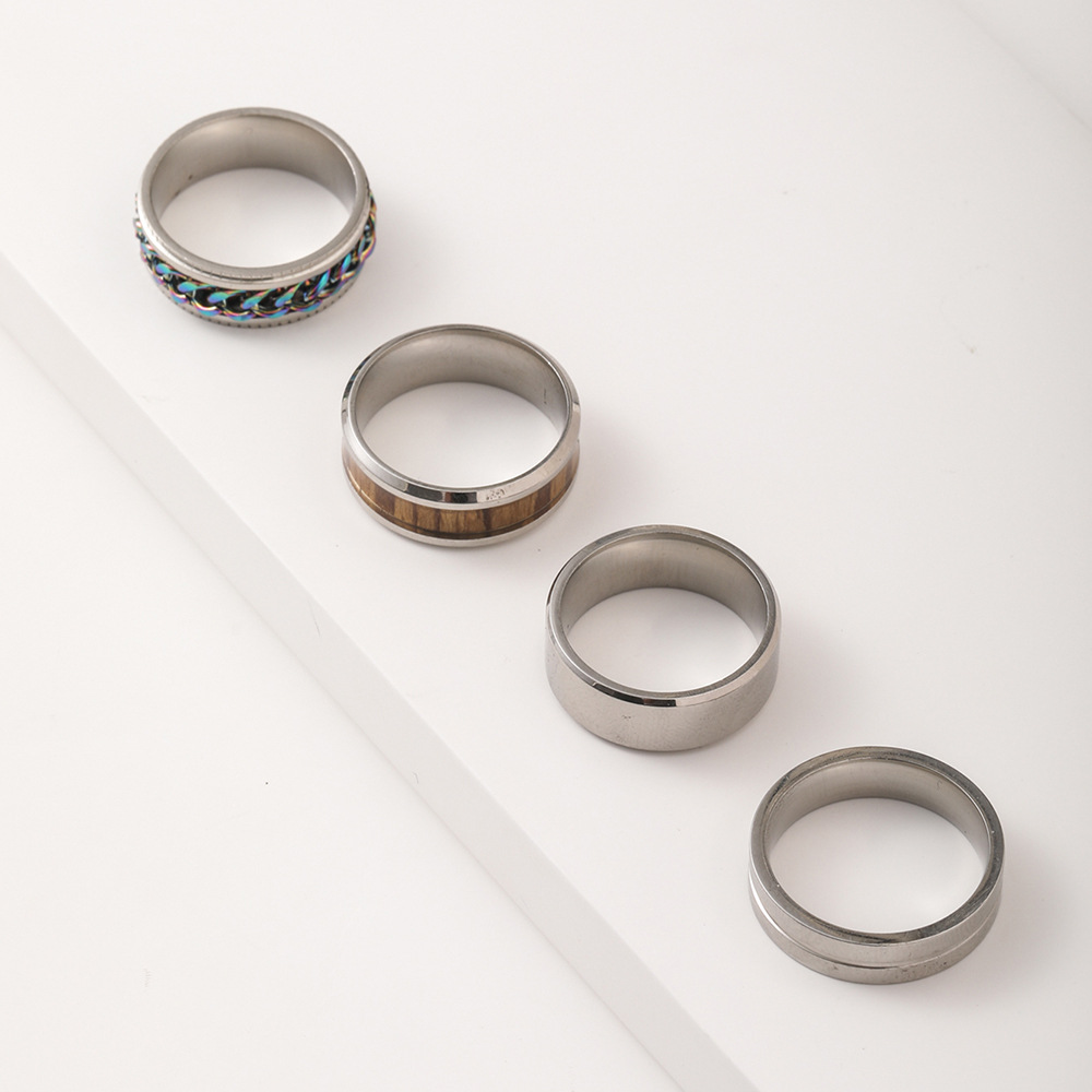 Stackable Men's Rings Set Stainless Steel Wood Grain Band Rings_voghion.com