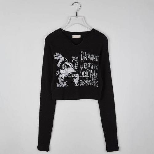 Rate the old English printed small U-neck short sleeve threaded long sleeve T