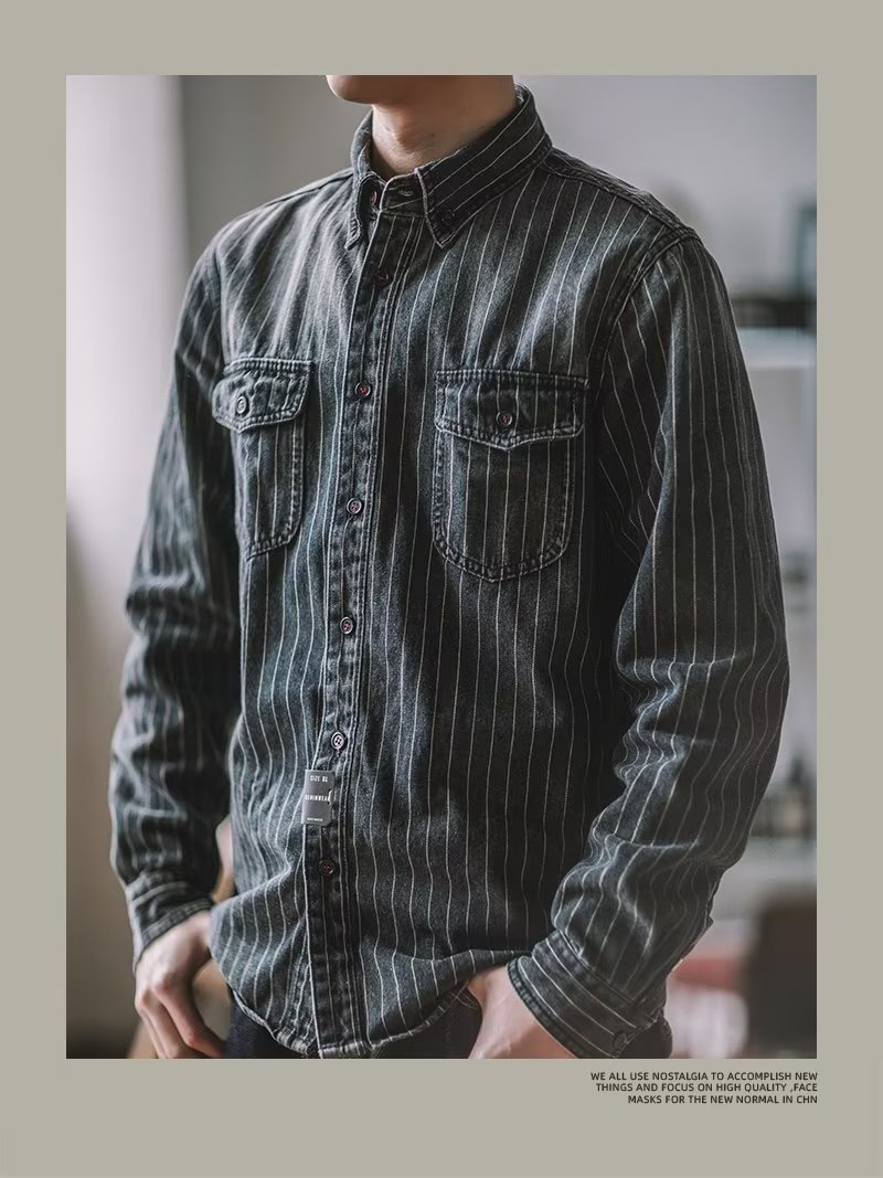 Herren Denim Hemd Japanischer Retro Style Langarm Gestreift_voghion.com