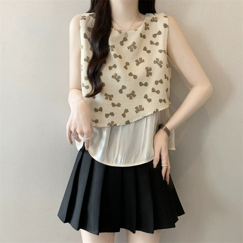 Женский топ-камзол с искусственным двухслойным бантом, летняя новинка 2025 года, большой размер, широкий шифоновый подол, без рукавов