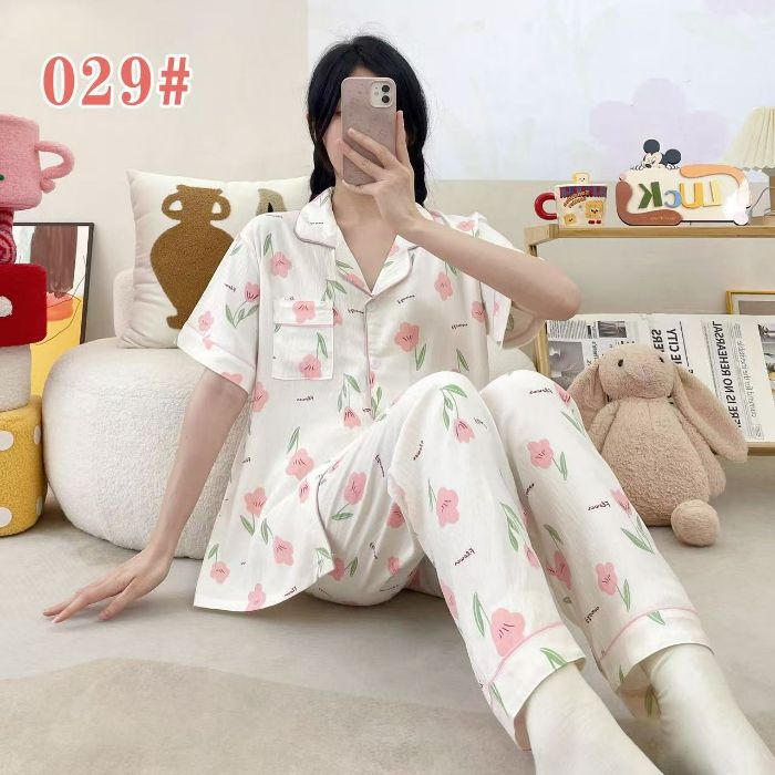 Estilo explosivo transfronterizo spot verano pantalones de manga corta cardigan solapa pijamas de dibujos animados lindo nube femenina algodón cómodo servicio a domicilio