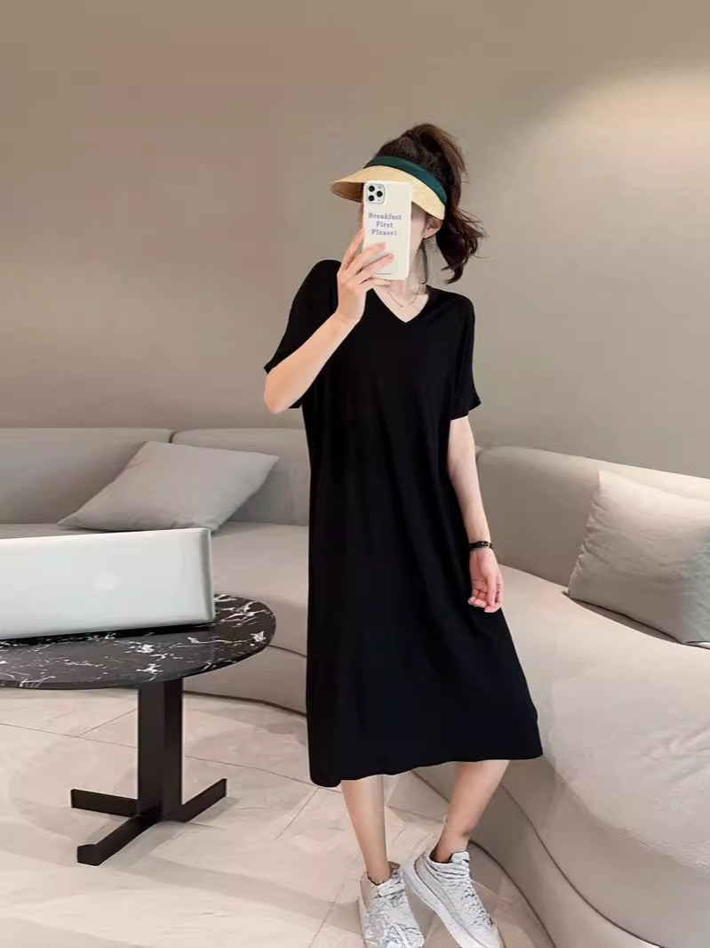 Short-Sleeved Dress for Women, New Summer Women's Outer Wear, Modal Bottoming, Over-The-Knee, Fashionable Long Skirt, Spring