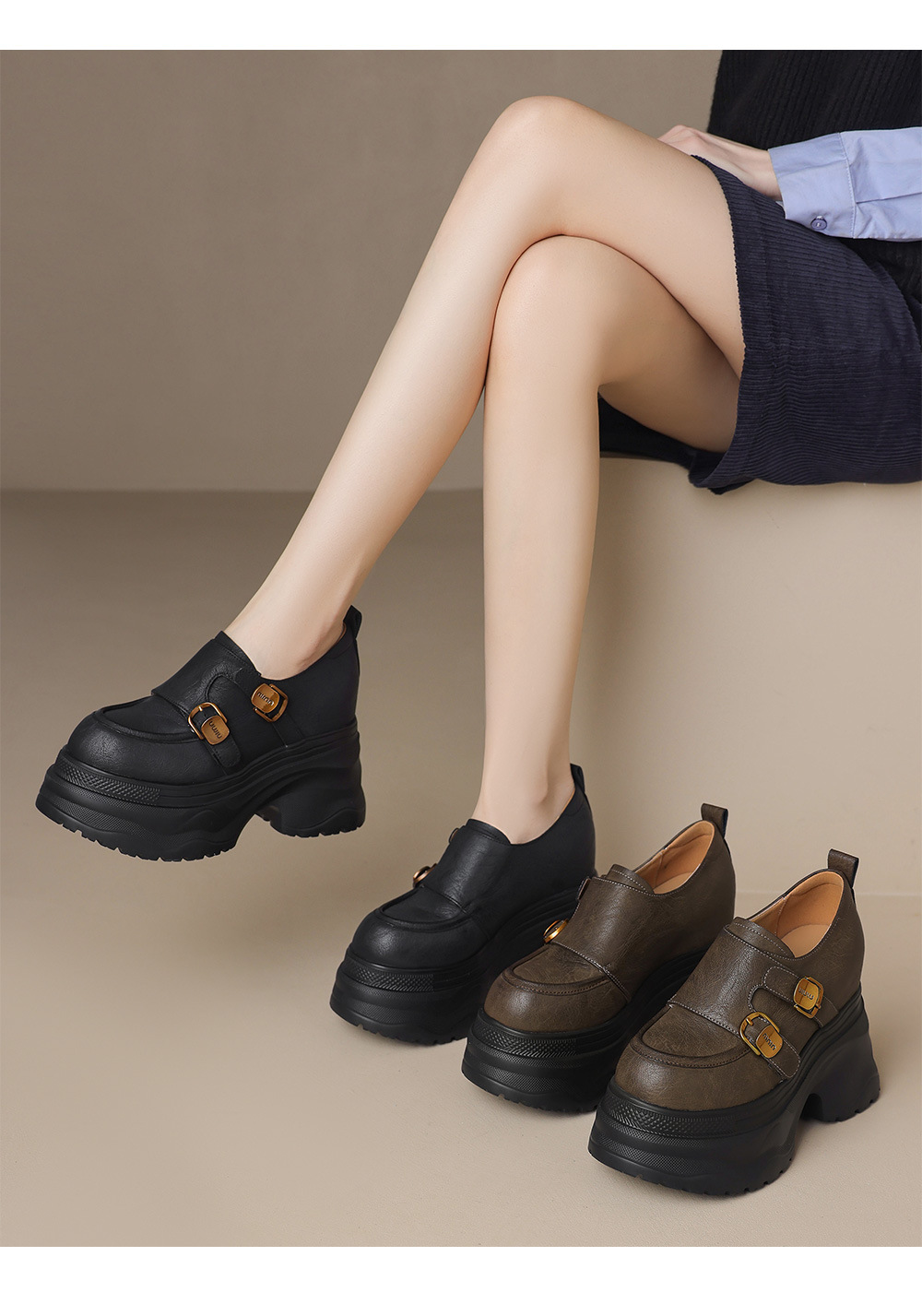 Giày loafer nữ đế xuồng cao 12 cm, miệng sâu cổ điển, khóa thắt lưng — Màu đen, Màu đen kaki chi tiết 2