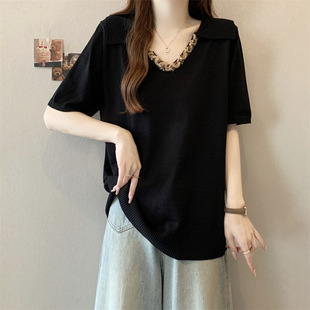 Plus Size Women's Summer Fat Girl French Heavy Beaded V Neck Lapel Knitted Fat mm Short-Sleeved Top