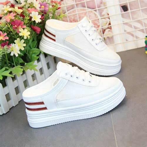 2026 spring and summer new style hollow breathable thick sole small white shoes women's inner height-increasing true soft leather half-support heelless one foot pedal
