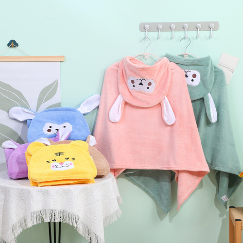 Children's bathrobe cloak coral velvet baby hooded cartoon bath towel baby bath beach quick-drying children's bathrobe