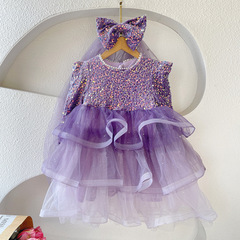 Children's clothing, non-fleece spring and autumn items, sparkling princess dress for girls, net chiffon puff birthday cake gift