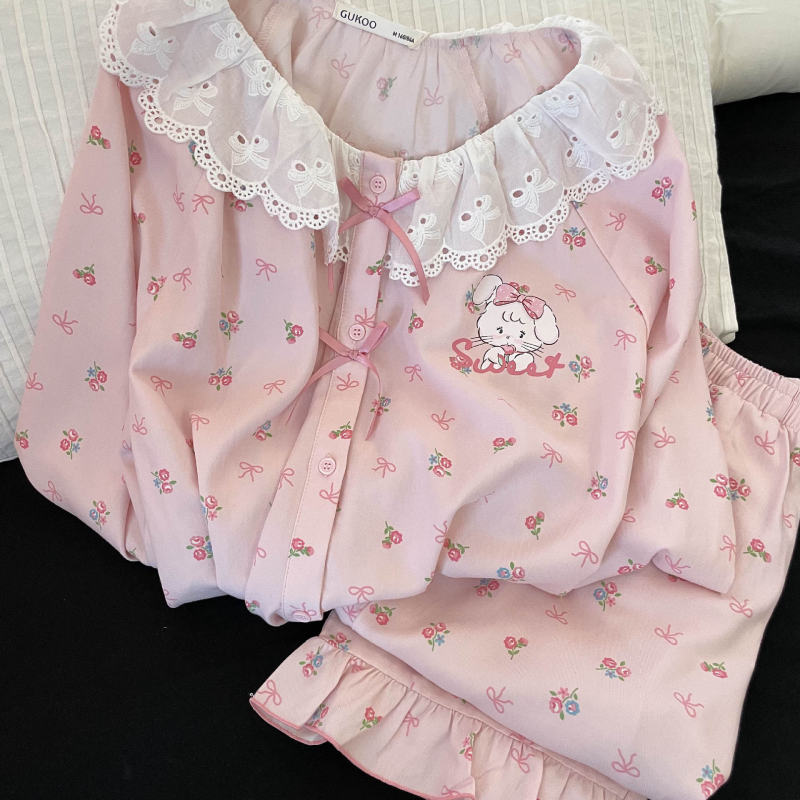 少女甜美小兔印花长袖睡衣女款春秋款新款大码家居服娃娃领两件套|undefined
