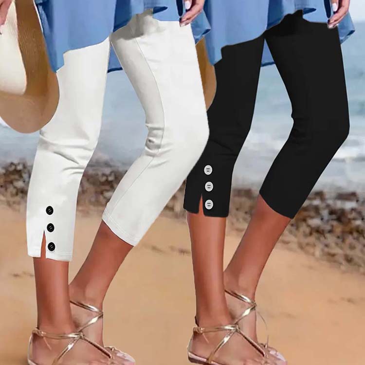 2025 Cross-Border Summer Mid-Waist Elastic Solid Color Cropped Pants Tight Fashion Sexy Button Casual Pants for Women