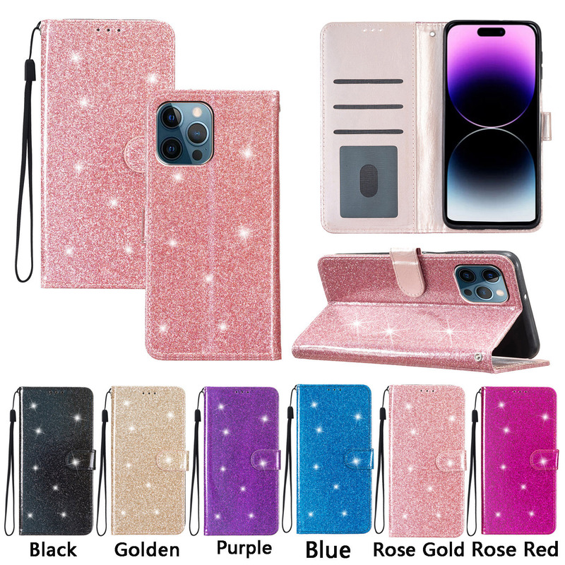 Suitable for iPhone 17Pro Max Flip Card Holder Pure Color Glitter Apple 16E Mobile Phone Leather Case