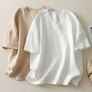 Summer New Style V Neck Hemp Short-Sleeved Pullover Loose Three-Quarter Sleeve Shirt Top for Women