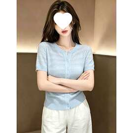 镂空设计感蓝色针织开衫短袖恤女夏季新款小众时尚百搭减龄上衣
