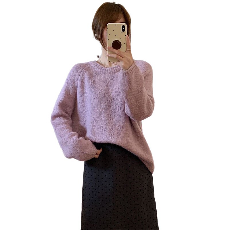 韩版秋冬新款设计感圆领勾花套头毛衣女外穿温柔慵懒风针织衫上衣|undefined