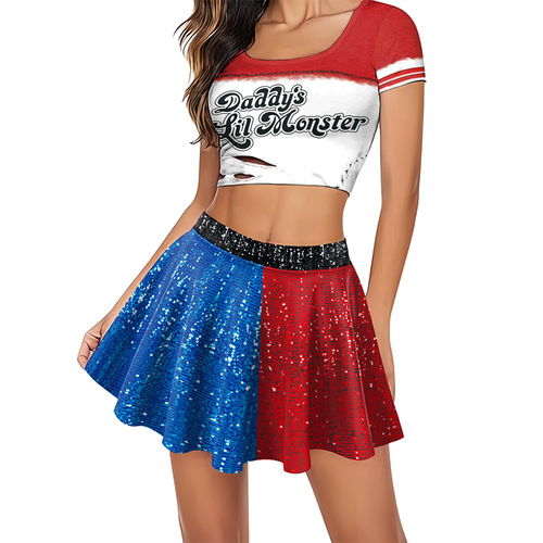 Cos costume clown female cheerleader pleated skirt suit digital printed short skirt women's casual short-sleeved half-body skirt