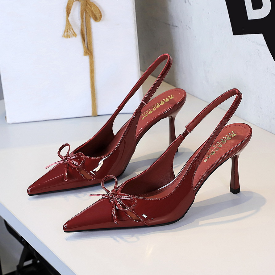 7317-A5 European And American Style Hollow Bow Women's Pointed Toe Shallow Mouth Patent Leather High Heels Stiletto_vogvips.com