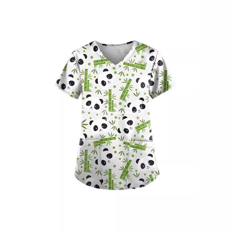 2026 Cross-Border Foreign Trade 3D Digital Printing Short-Sleeved V-Neck Casual Slim-Fit New Nursing Uniform