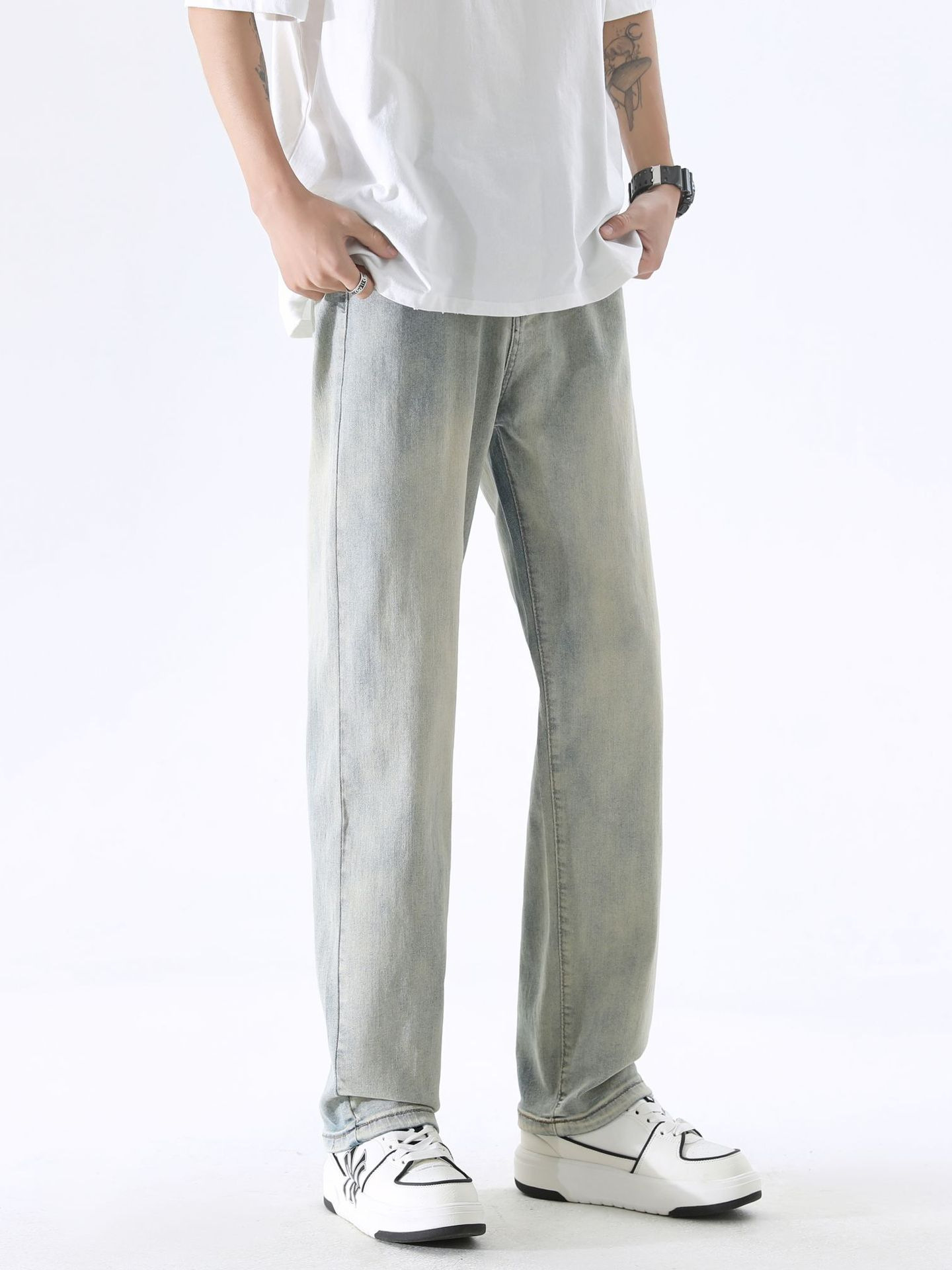 LKTM Men's Wear # Pantalones vaqueros elásticos lavados y viejos teñidos de barro amarillo para hombres, pantalones rectos de la calle principal de la marca de moda del verano para hombres