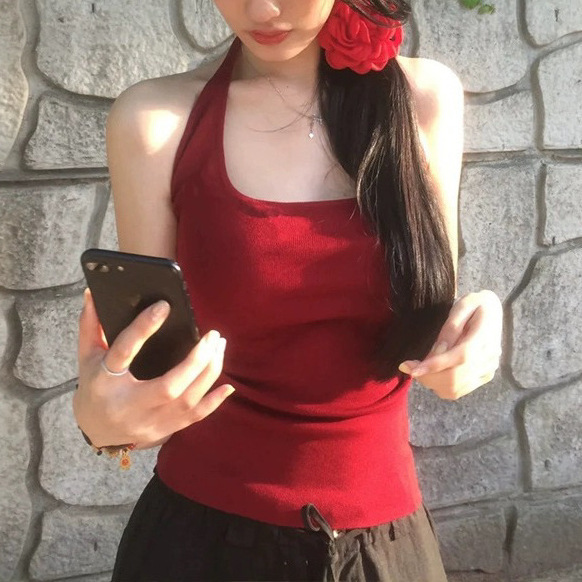 9色入荷！ Pure Desire Hot Girl レッド ホルターネック ベスト レディース 夏 スリムフィット ショートカラー サスペンダー トップ|undefined
