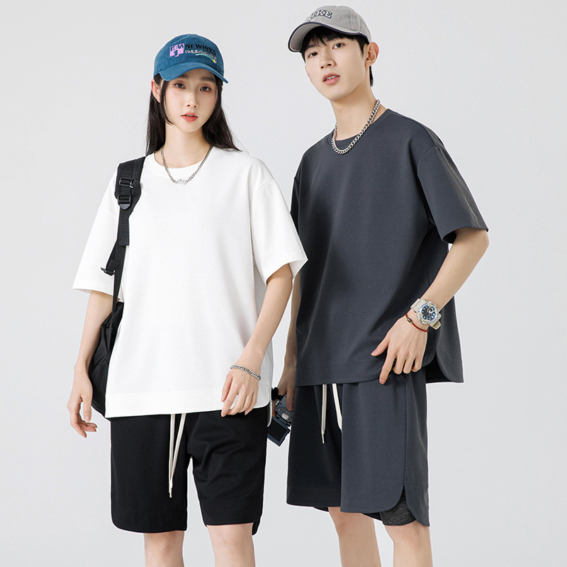 Summer Men's and Women's Same Style Short-sleeved Suit Large Size Fashionable Fatty Plus Large Solid Color All-match Casual Sports Two-piece Suit