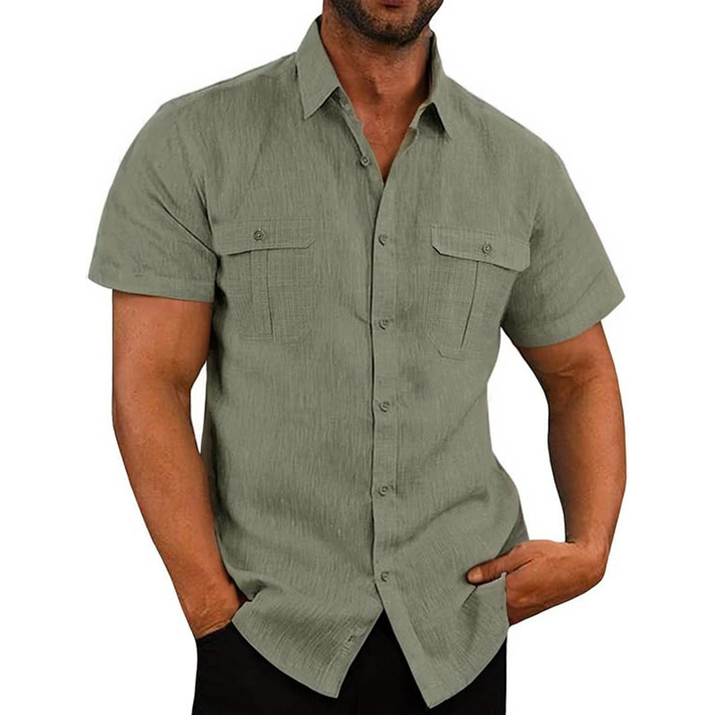 Transfronterizo Europa y América Amazon 26 camisa de verano de hombre de manga corta bolsas de color sólido Cardigan camisa de lino con solapa suelta