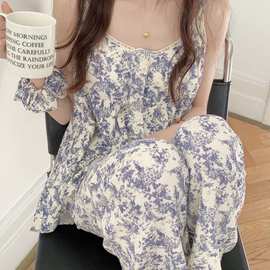 韩国ins女士夏吊带睡衣套装花边居家服可爱休闲碎花带发圈二件套