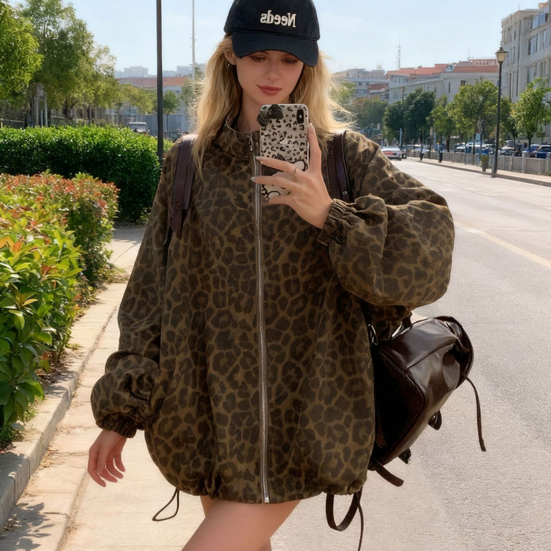 European and American Style Ins Hot-Selling Fashionable Versatile Lapel Leopard Print Outwear Mid-Length Outwear Long-Sleeved Women's Jacket