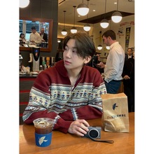 韩国男装代购直播过年款重磅混弧形翻领半拉链花纹针织衫毛衣