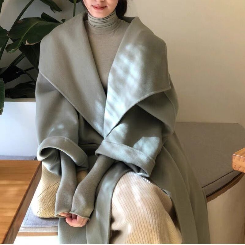 Sweet potato recommend milk green double-layer wool cashmere side slit mid-length loose lapel coat coat