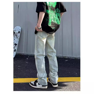 American Style Retro High Street Yellow Mud Dyed Washed Old Jeans Young Men's Trendy Brand Loose Straight Stacking Trousers