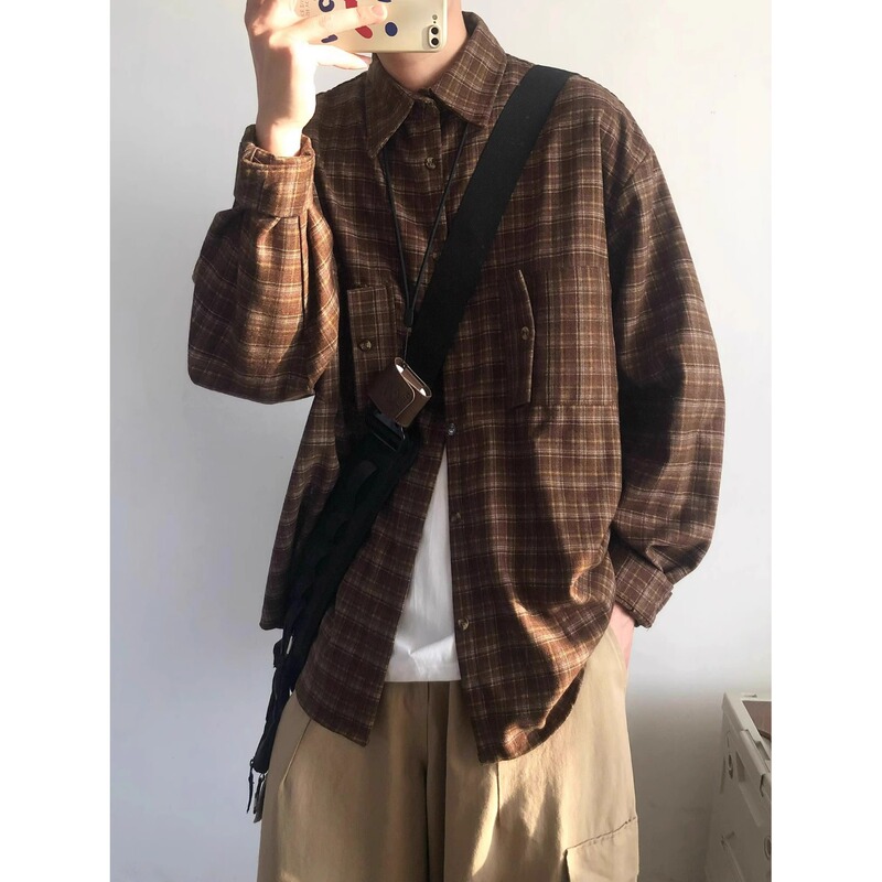 2025 Spring and Autumn Japanese Retro Brown Plaid Shirt Men's Long-Sleeved Trendy Casual Loose Color-Blocked Woolen Shirt
