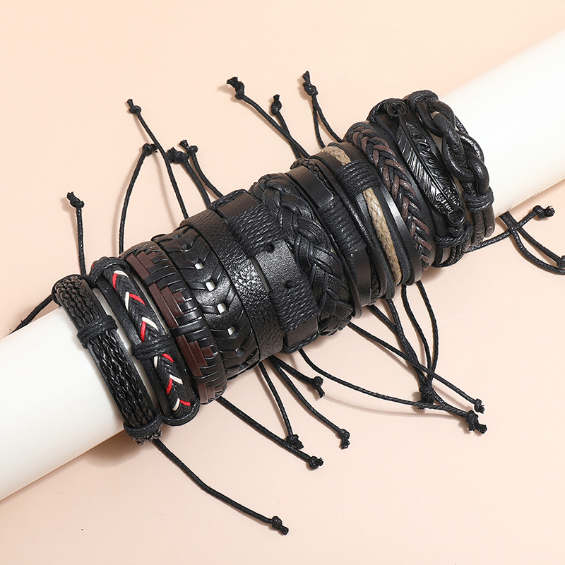 retro braided leather black bracelet 12-piece combination