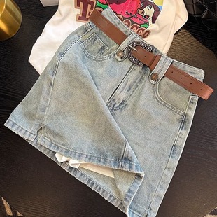 Split Denim skirt for women 2024 spring new chubby girl high waist slimming A- Line hip skirt anti-exposure skirt