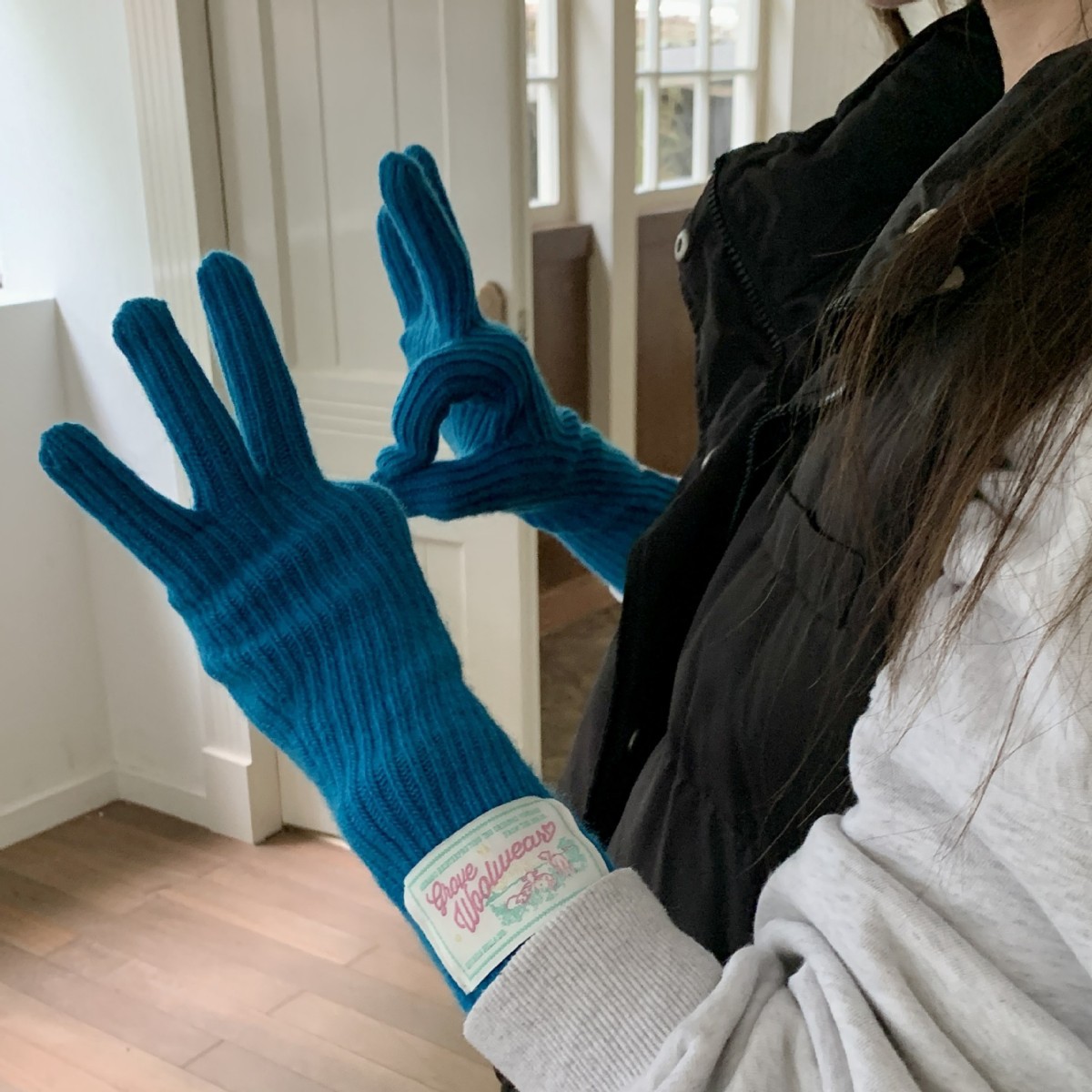 South Korea Warm Wool Knitted Gloves Women's Autumn and Winter Warm Long Five-Finger Split Touch Screen Riding