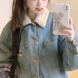 复古牛仔羊羔毛外套女小个子冬装加绒加厚羊羔绒棉衣棉服潮