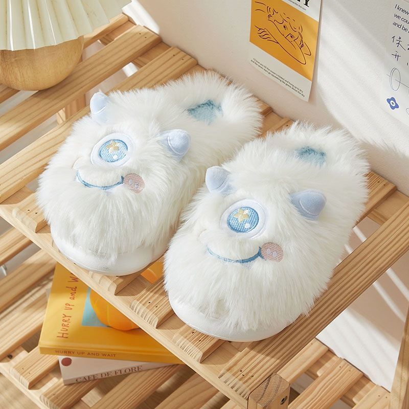 Zapatillas de algodón de alto aspecto lindo de dibujos animados de One-Eye Elf zapatos de algodón de las mujeres zapatos caseros de felpa Zapatillas de lana caliente para las mujeres