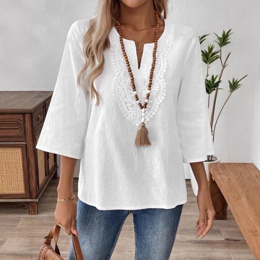 Amazon European and American Foreign Trade Women's 2024 Women's Loose Solid Color V-Neck Lace Trimmed Shirt