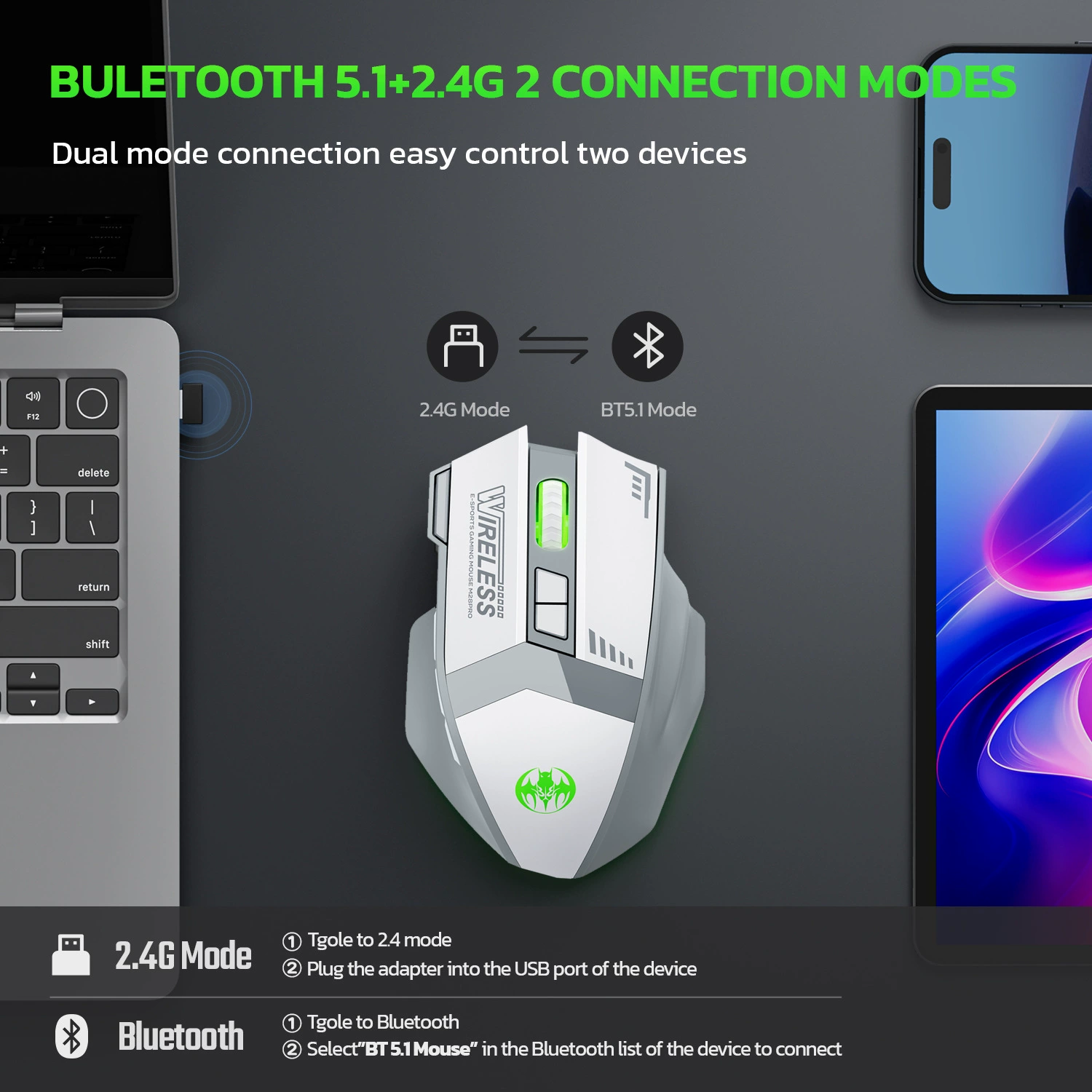 Беспроводная зарядка Bluetooth двойная -модель 10 кнопочный бесшумный игровой мышь 4800dpi мышь RGB свет цветной кросс -борд выпуска