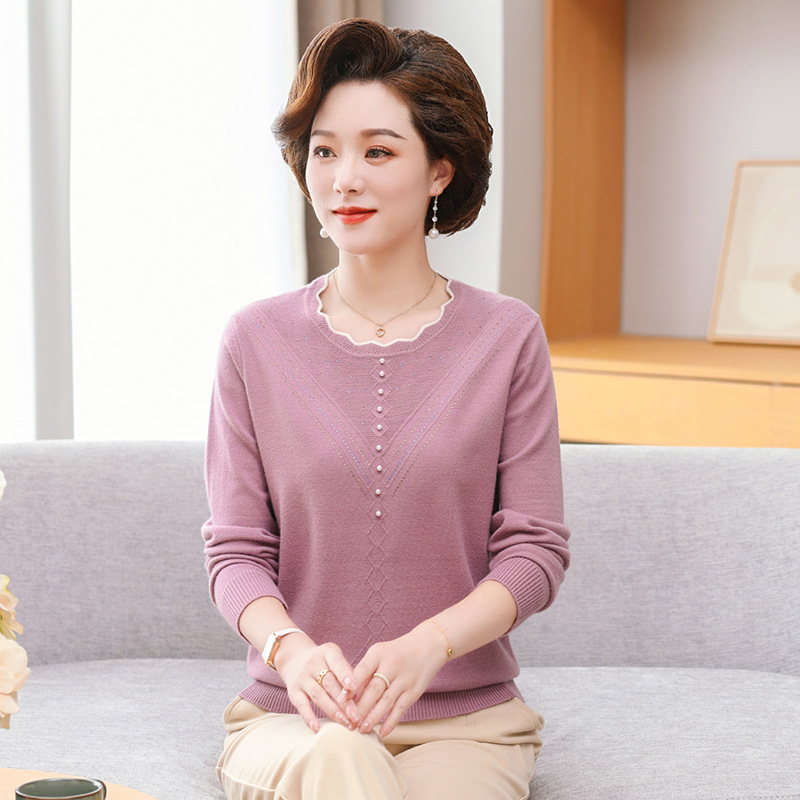 大碼寬松毛衣中老年女裝2024秋冬新款針織衫時尚低圓領長袖媽媽裝，女裝針織衫/毛衣，妃慕昵服飾