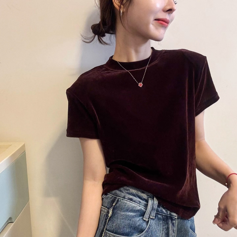 金丝绒正肩短袖T恤女2025早秋新款欧货女装修身内搭打底小衫上衣|undefined