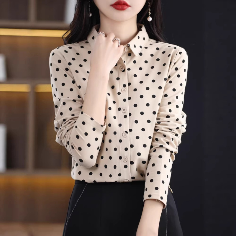 Spring New Style French Polka Dot Shirt for Women, Long-Sleeve Polo Collar, Elegant Slim-Fit Base Shirt, Stylish Pure Cotton Top