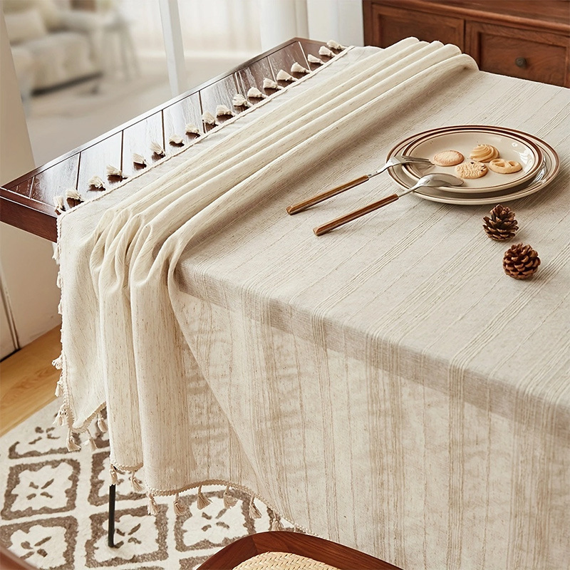 Amazon's Popular Japanese-Style Striped Linen Tablecloth, Simple Plain Tassel Atmosphere Decoration Cloth for Dining Table
